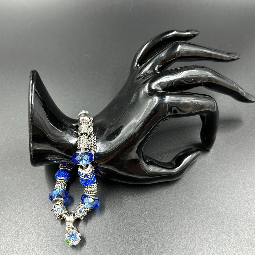 Blue Crystal and Silver Tone Slider Charm Bracelet Safety Chain